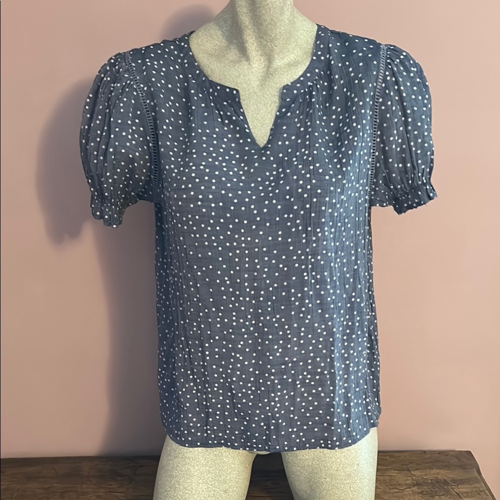 Blue and White Puff Sleeve Blouse with Relaxed Fit
